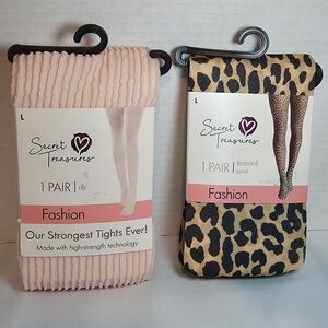 2 Pair Secret Treasures Leopard Tights & Pink RIB Stripe Tights Size L